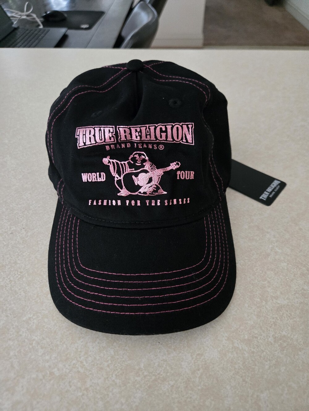 True Religion Black Cap with Pink Logo and Stitching
